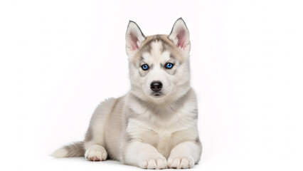 Adorable husky puppy with blue eyes on white background