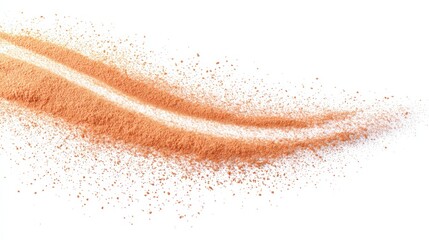 Orange powdery substance is artistically arranged in a sweeping motion on a white background, creating a visually striking abstract design with vibrant colors and textures