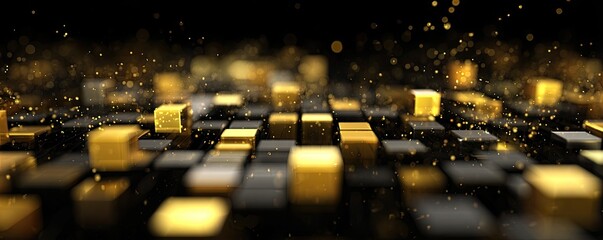 Obraz premium Abstract golden and black cubes with glittering particles on a dark background