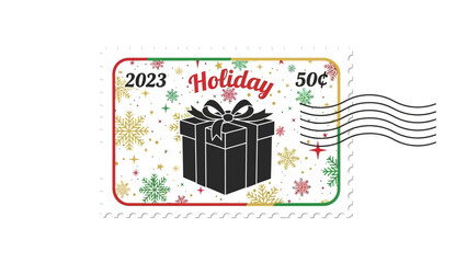 Holiday postage stamp with gift box and snowflakes.
