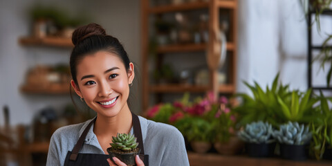 Portrait of a young smiling Asian American garden center employee holding a pot of succulents, talking to a customer. Small local businesses and growing ornamental plants