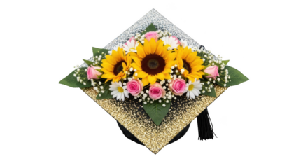 Graduation cap decorated with sunflowers roses and daisies