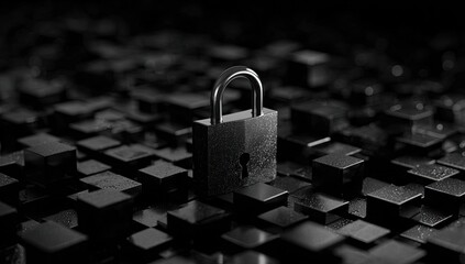 Central metallic padlock on a textured dark block surface, emphasizing security