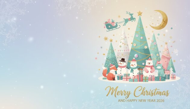 Festive winter celebration featuring snowmen christmas trees and santa claus holiday greeting card design magical atmosphere digital illustration cozy vibes - Powered by Adobe