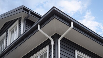 Corner of a dark house with white gutters and trim against a blue, cloudy sky