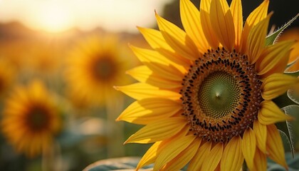 Obraz premium Vibrant sunflower in golden light, cheerful and bright, in a field during sunset, close-up