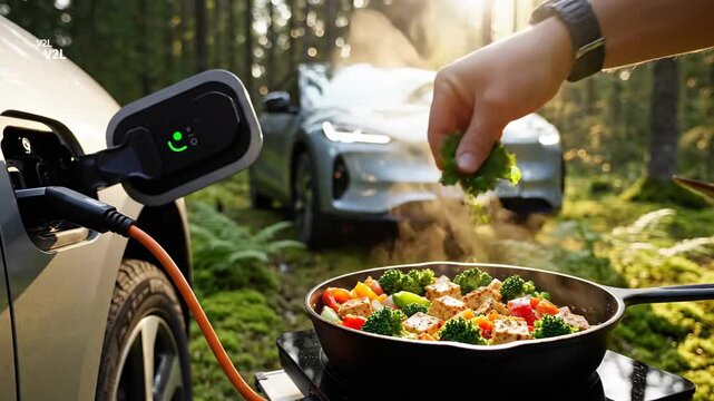 Electric Car Charging, Outdoor Cooking Sustainable Lifestyle