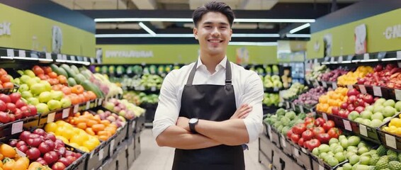 A smiling Grocery Store Employee: A friendly and professional grocery store employee stands confidently in the produce section of a well-stocked supermarket.