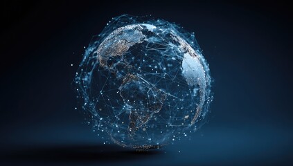 A translucent, glowing digital earth sphere with interconnected nodes against a dark background