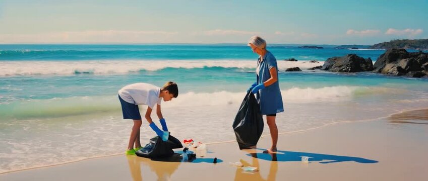 Beach Cleanup: An intergenerational pair, mother and son, dedicates themselves to environmental stewardship. Their combined efforts to collect litter, set against the serene coastal backdrop.