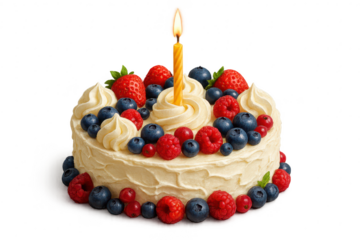Delicious berry birthday cake with a single lit candle on transparent background