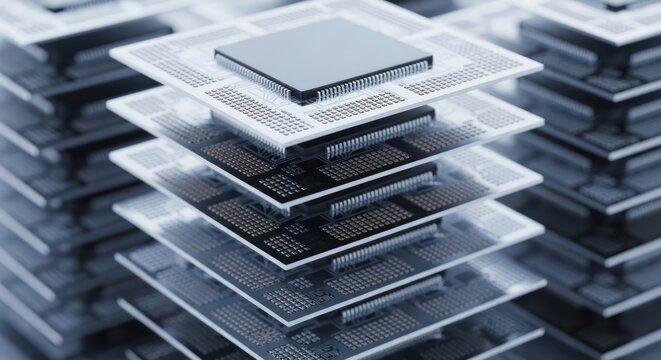 Stacked computer chips on a metallic surface