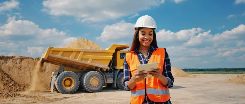 Construction Site Confidence: A determined construction worker stands at a dynamic construction site, where her expertise is evident as she meticulously reviews plans. - Powered by Adobe