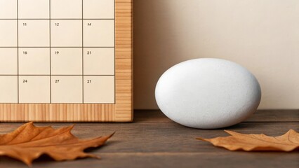 Wooden calendar page beside a smooth white pebble and autumn leaves