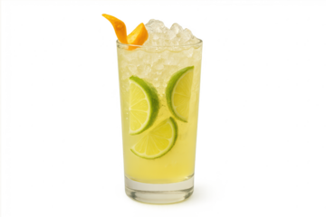 Cool lime cocktail, crushed ice, orange peel garnish, transparent background