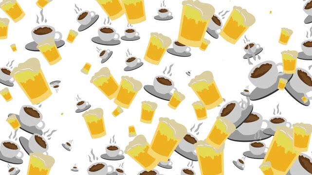 Many cups of coffee and glasses of beer floating around, suitable for cafe or barthemed designs and social media posts.