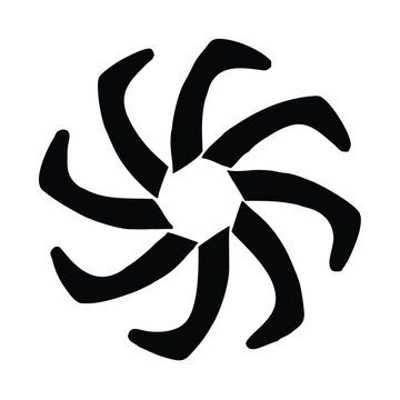 A black abstract sun symbol with eight curved arms against a white background.