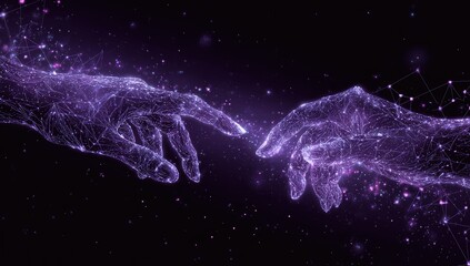 Two digital hands made of glowing purple particles and lines reaching out to connect