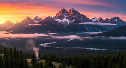 Majestic Mountain Sunrise - A Serene Landscape of Peaks and Valleys.