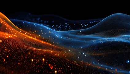 Abstract digital landscape with glowing orange and blue particles forming undulating waves