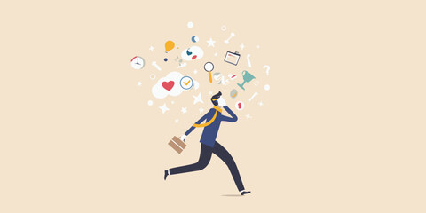 A businessman running with a briefcase surrounded by floating ideas and concepts