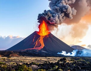 Erupting volcano spews lava, ash into the sky