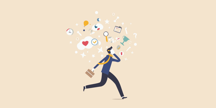 A businessman running with a briefcase surrounded by floating ideas and concepts