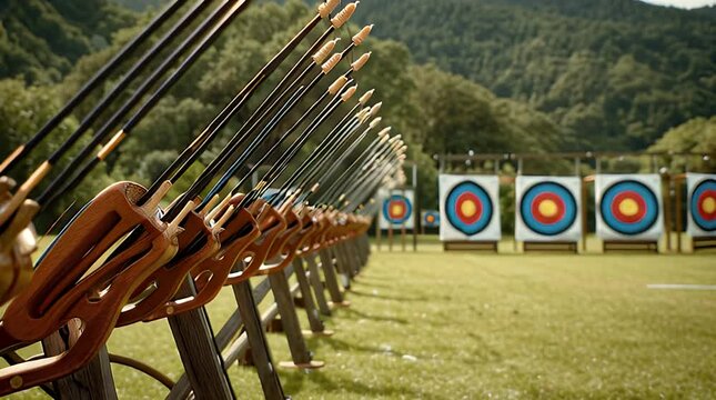 Row of bows & arrows ready at outdoor archery range