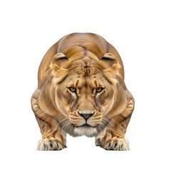 Obraz premium Lioness crouched low looking forward on black background