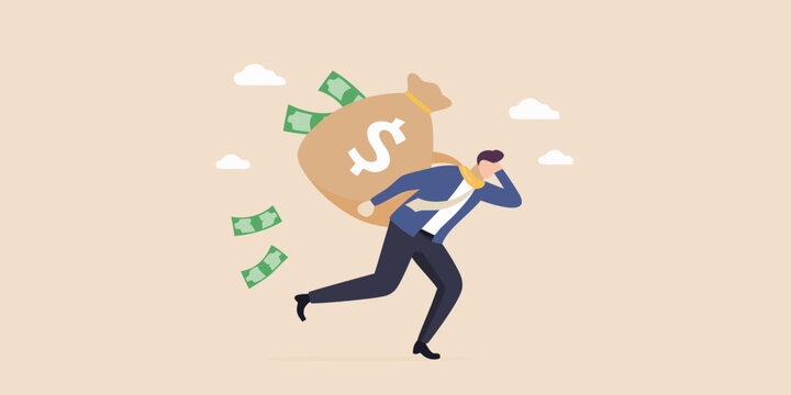 A businessman is running away with a large bag of money losing some
