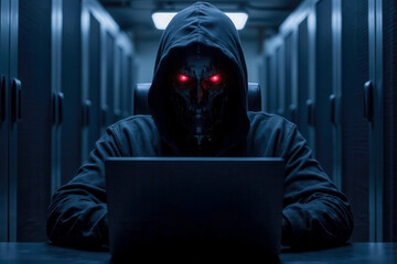 Black AI robot using laptop suspect steal data in data center server room with cyber security risk threat attack