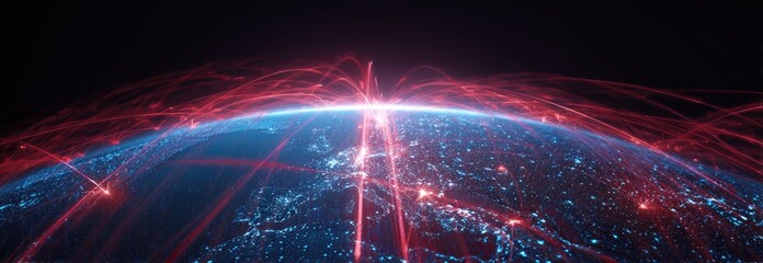 Abstract global network with glowing red lines connecting blue Earth city lights at night