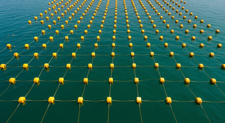 Geometric pattern of vibrant yellow buoys extending across a calm blue-green sea surface, meticulously arranged for large-scale marine aquaculture, possibly for shellfish or seaweed cultivation