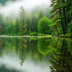 Serene Lake Reflection - A Misty Forest Landscape.