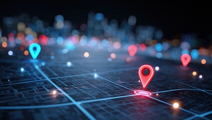 Digital map with glowing location pins over a blurry city skyline at night, navigation concept
