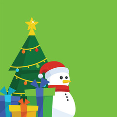 Christmas green background with seasonal elements like gift boxes, decorated pine tree, and snowman wearing red scarf and Santa hat perfect for celebrate Christmas and holiday events.