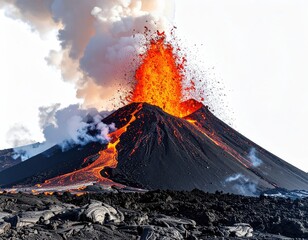 Erupting volcano, lava flowing