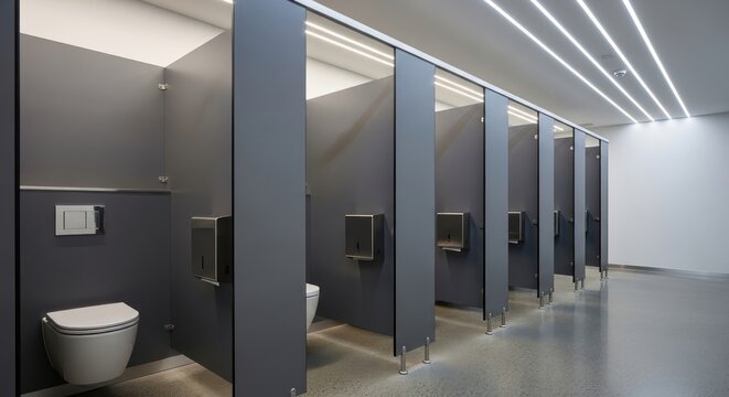 Modern public restroom with gray stalls white toilets and recessed lighting