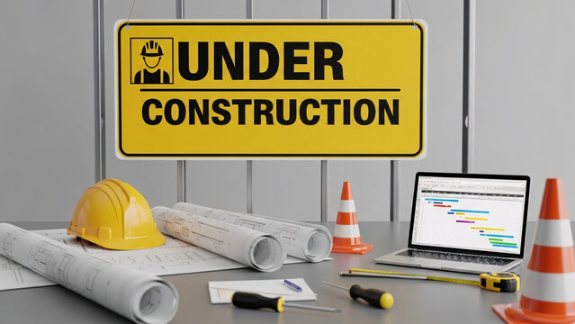 Construction site setup with under construction sign and tools
