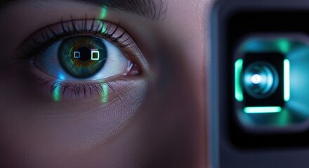 Closeup of a human eye with futuristic holographic overlay