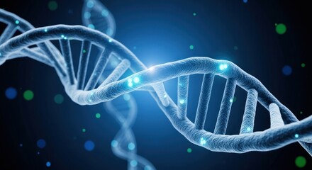 3D rendering of a blue DNA helix with glowing blue particles