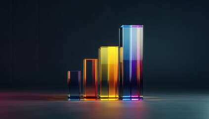 Four ascending transparent, colorful glass bars reflecting light on a dark surface