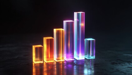 Glowing transparent bar graph rising on dark, reflective surface, colorful spectrum