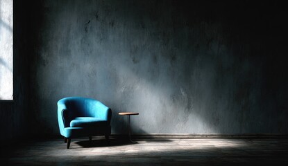 Sunlight streams into a moody room, highlighting a vibrant blue chair and small table