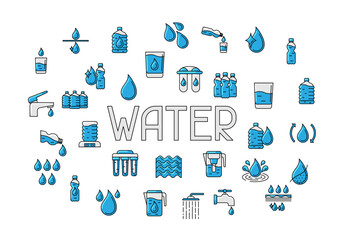 Water linear icons background. Aqua or liquid thin line illustration.