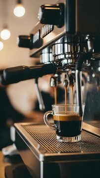 Closeup of espresso machine pouring coffee into a clear glass cup