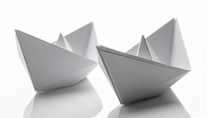 Two white paper boats, folded, sit on a shiny surface