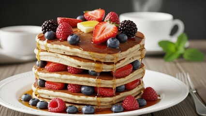 Stack of fluffy pancakes topped with fresh berries and syrup