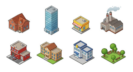 Isometric city buildings with skyscraper, house and factory icon set
