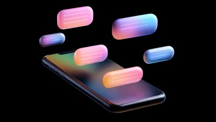 Smartphone with colorful glowing chat bubbles floating over a dark background